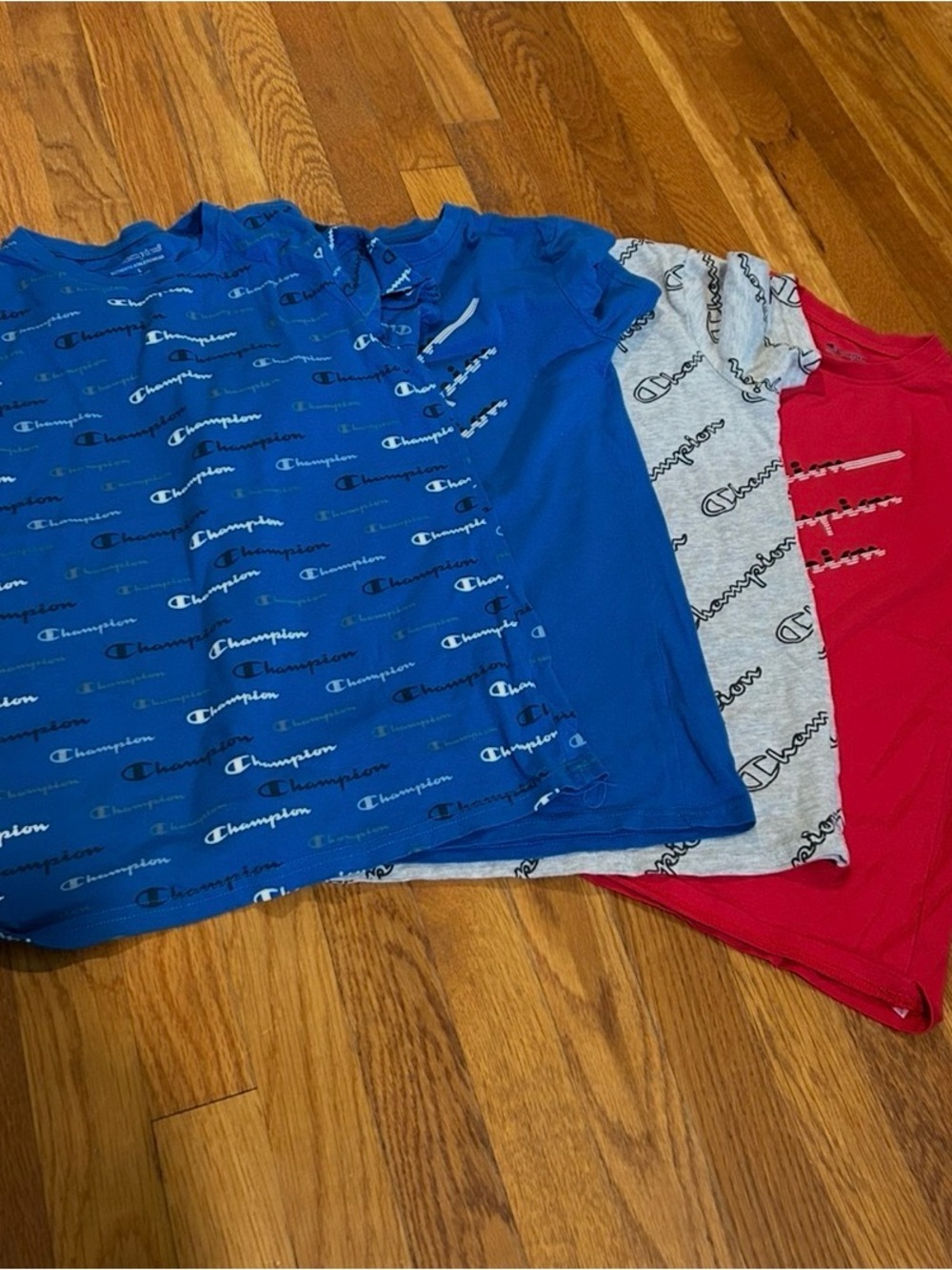 Champion Kids Short Sleeve Logo Tees - Blue, Gray & Red 4 size large shirts